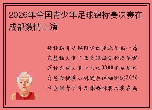 2026年全国青少年足球锦标赛决赛在成都激情上演